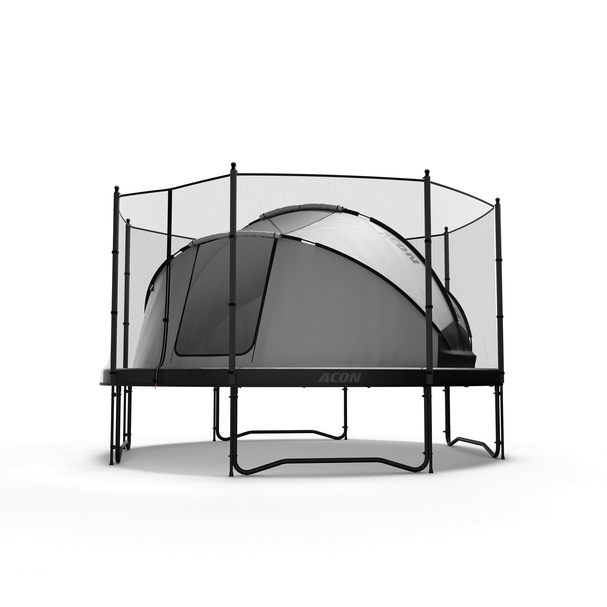 Acon trampoline tent with standard exterrior safety net doors open