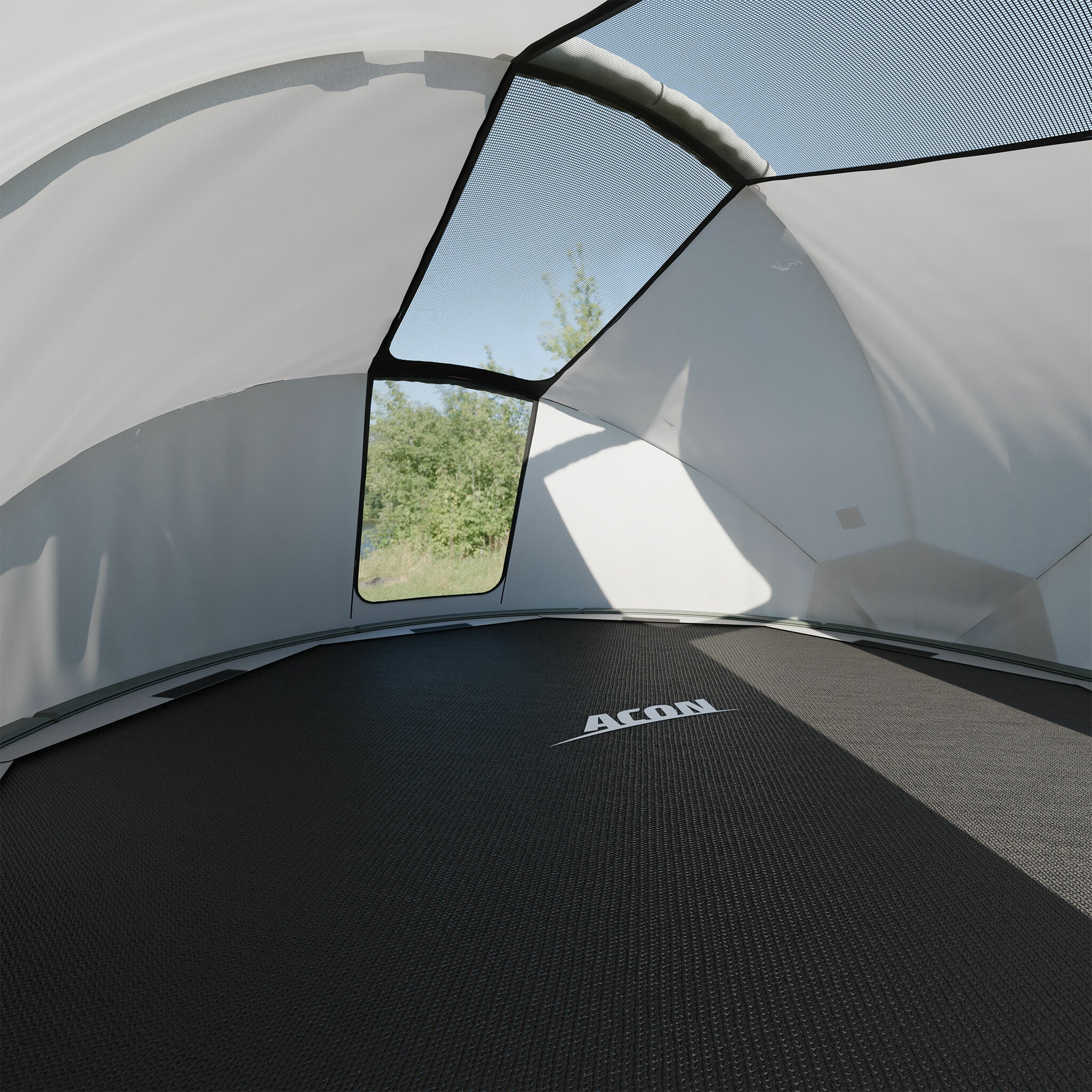 Acon trampoline tent interior on trampoline doors open