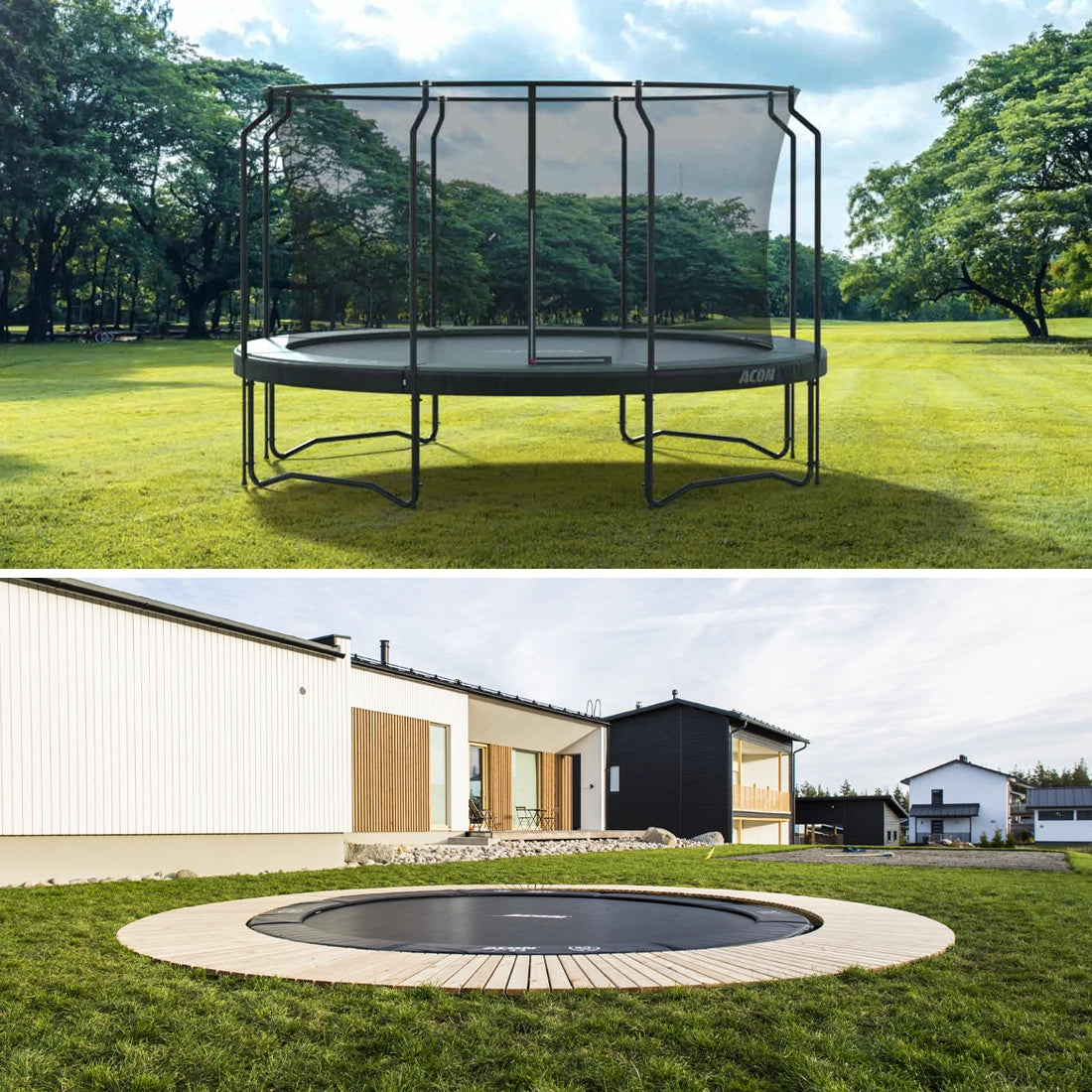 Acon trampoline installed on ground and in ground.