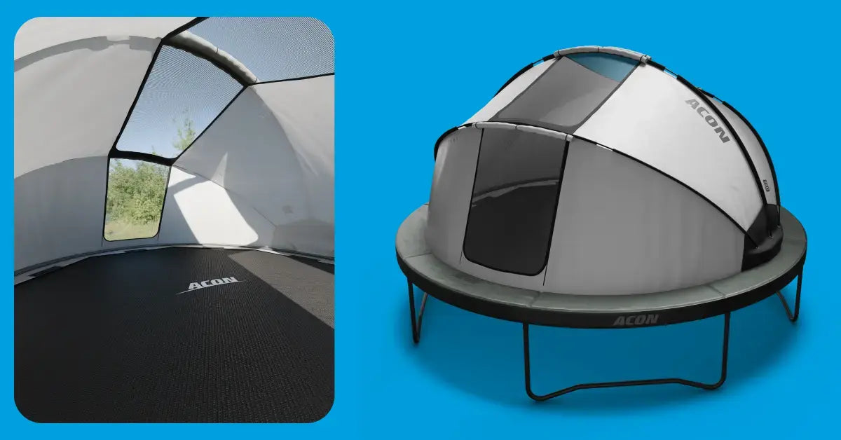 Round trampoline tent setup with a zippered entry and mesh windows, shown both from the inside and outside.